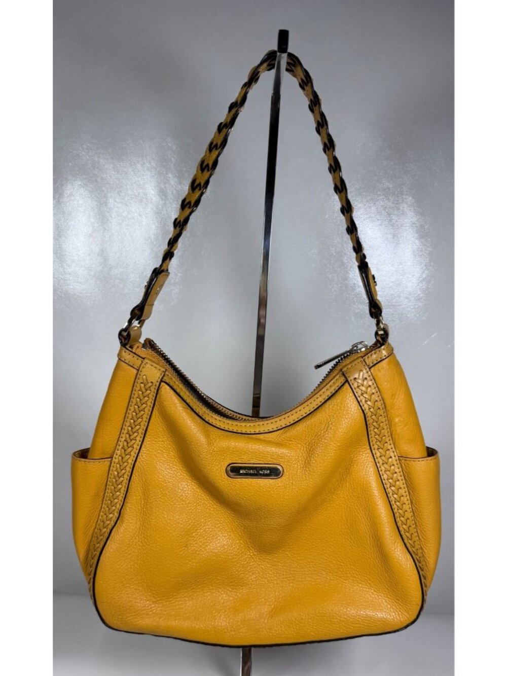 Michael Kors Mustard Yellow Pebbled Leather Hobo Shoulder Bag Braided Strap Boho